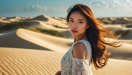 Beautiful Vietnamese girl sand dunes Mui Ne Vietnamの素材