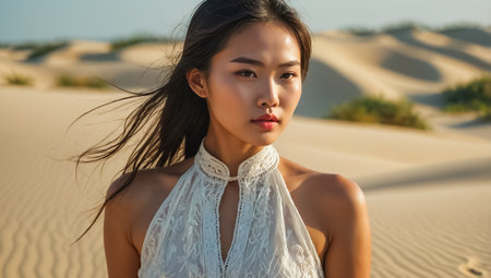Beautiful Vietnamese girl sand dunes Mui Ne Vietnamの素材
