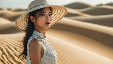 Beautiful Vietnamese girl sand dunes Mui Ne Vietnamの素材