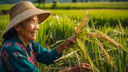 Smiling elderly Vietnamese woman in a rice fieldの素材