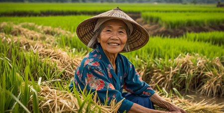 Smiling elderly Vietnamese woman in a rice fieldの素材