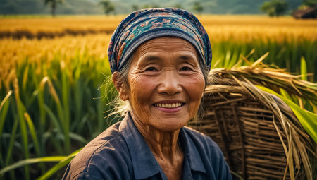 Smiling elderly Vietnamese woman in a rice fieldの素材