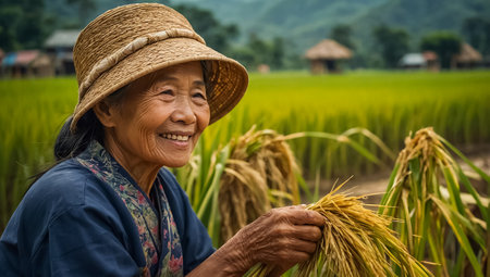 Smiling elderly Vietnamese woman in a rice fieldの素材
