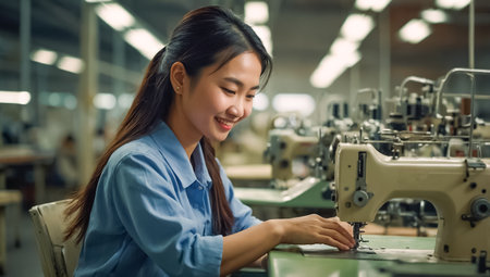 Asian girl seamstress in a factory, smileの素材