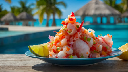Fresh seafood sashimi in a blue plate on a wooden table by the poolの素材