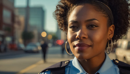 African American policewoman smiling on streetの素材