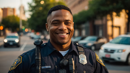 African American Man Police Officer Positive On Streetの素材