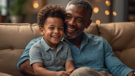 happy african american dad and little son at home on sofaの素材