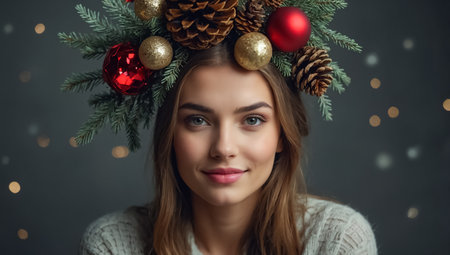 Beautiful young woman with Christmas decorationsの素材