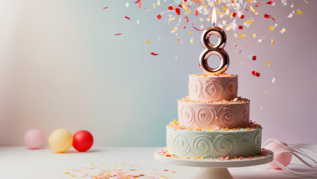 Delicious festive cake with candle number 8の素材