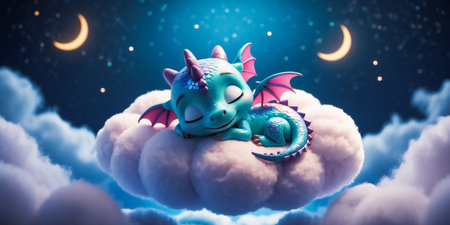 Little cartoon dragon sleeping on a cloud decorationの素材