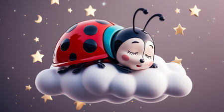 Little cartoon ladybug sleeping on a cloud decorationの素材