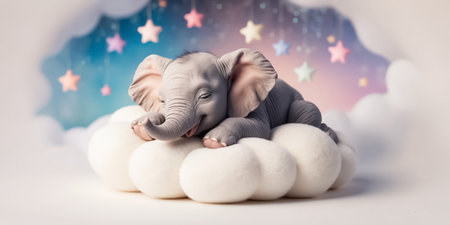 Cute elephant sleeping on a white pillow with stars and clouds in the backgroundの素材