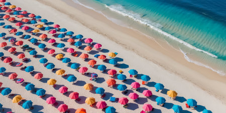 beautiful beach umbrellas on the ocean shore, vacation bannerの素材
