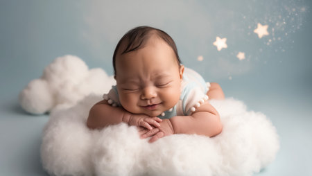 Little cute baby sleeping on a cloud decorationの素材