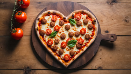 Heart shaped pizza with meatballs, tomato and cheese on wooden tableの素材
