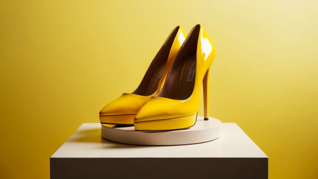 chic yellow patent leather stiletto shoes on a colored background fashionableの素材