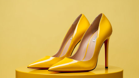 chic yellow patent leather stiletto shoes on a colored background fashionableの素材