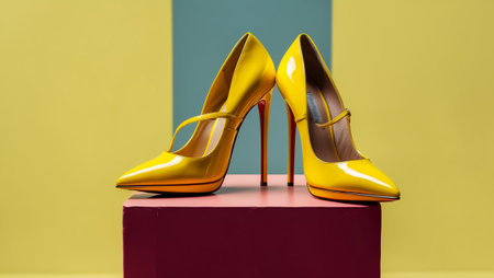 Women's shoes on a yellow background. Women's shoes on a yellow background.の素材