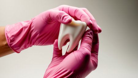doctor hand holding tooth ceramic close up in dentist office , dental bannerの素材