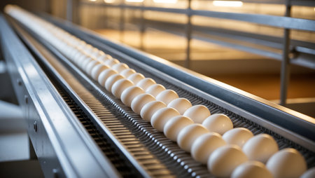 conveyor belt with fresh organic eggs at a poultry farmの素材