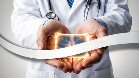 Doctor holding x-ray image of lungs in his hands close upの素材