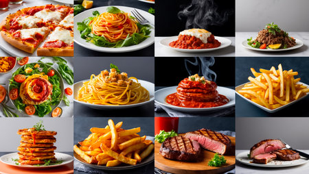 collage of different delicious food, spaghetti, pizza, vegetables, meatの素材