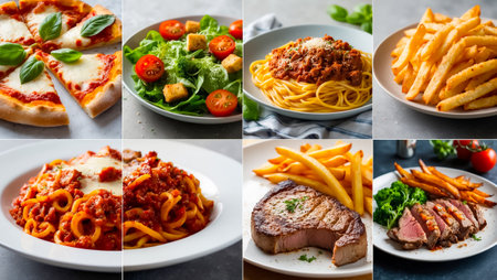 collage of different delicious food, spaghetti, pizza, vegetables, meatの素材