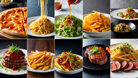 collage of different delicious food, spaghetti, pizza, vegetables, meatの素材
