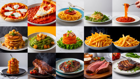 collage of different delicious food, spaghetti, pizza, vegetables, meatの素材