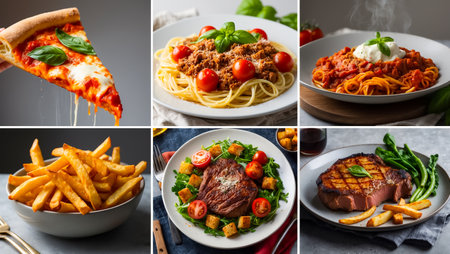collage of different delicious food, spaghetti, pizza, vegetables, meatの素材