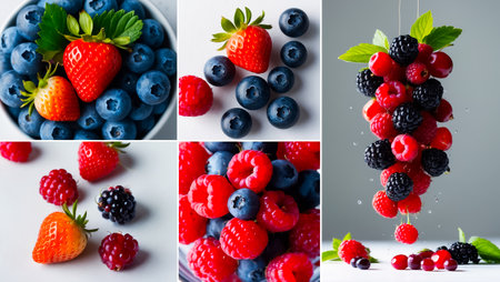 collage of different delicious fresh berriesの素材