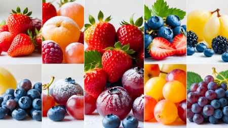 collage of different ripe fresh fruits and berriesの素材