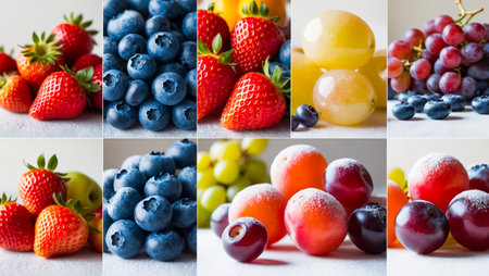 Collage of fresh fruits and berries on a light background. Selective focus.の素材
