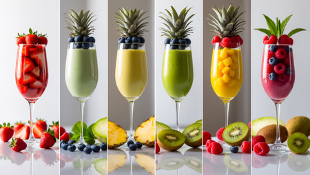 collage of different fresh smoothies from berries and fruitsの素材