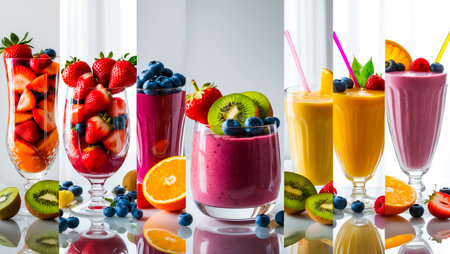 collage of different fresh smoothies from berries and fruitsの素材