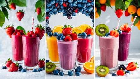 collage of different fresh smoothies from berries and fruitsの素材