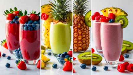 collage of different fresh smoothies from berries and fruitsの素材
