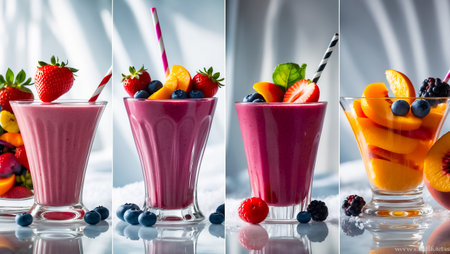 collage of different fresh smoothies from berries and fruitsの素材