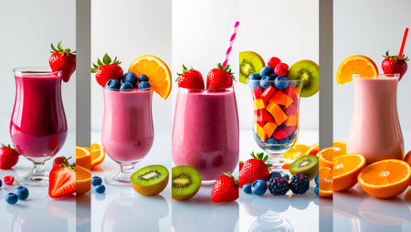 collage of different fresh smoothies from berries and fruitsの素材