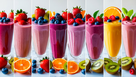 collage of different fresh smoothies from berries and fruitsの素材