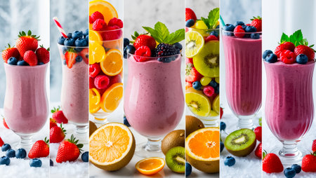 collage of different fresh smoothies from berries and fruitsの素材