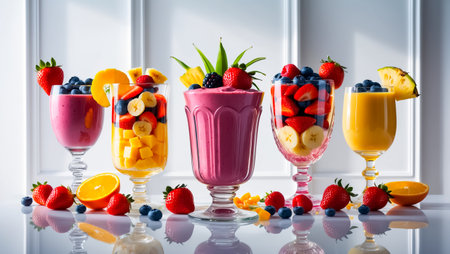 collage of different fresh smoothies from berries and fruitsの素材
