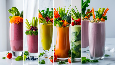 collage of different fresh vegetable smoothiesの素材