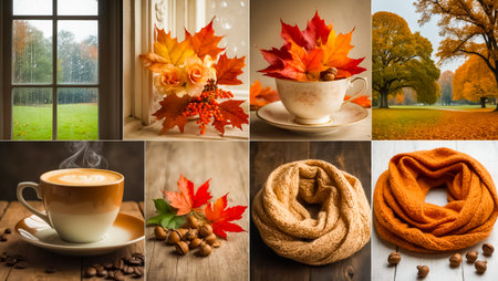 collage on autumn theme, cup, scarfの素材