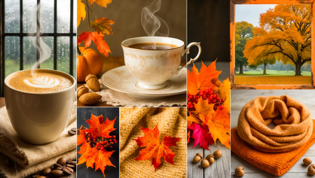 collage on autumn theme, cup, scarfの素材