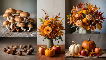 collage of autumn flowers, pumpkin, leavesの素材