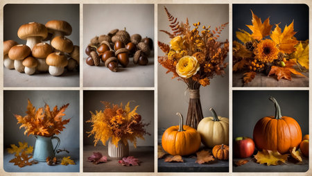 collage of autumn flowers, pumpkin, leavesの素材