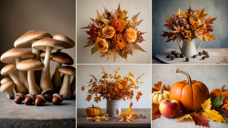 collage of autumn flowers, pumpkin, leavesの素材