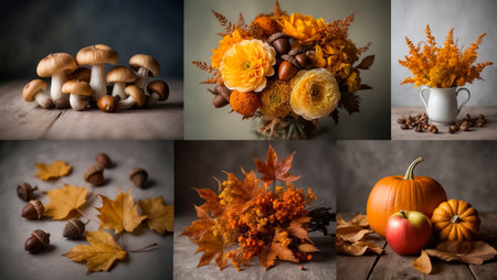 Autumn collage with pumpkins, mushrooms, autumn leaves and nutsの素材